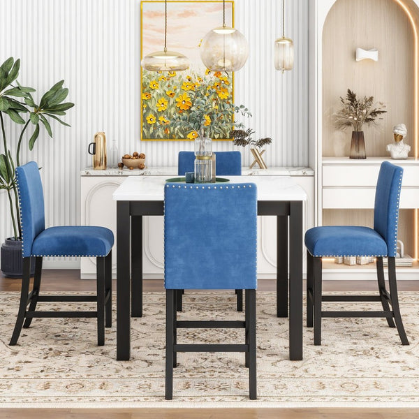 English Elm 5-piece Counter Height Dining Set Faux Marble Table Velvet Chairs Silver Nail Trim Blue W504S00268