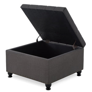 English Elm Large Tufted Faux Leather Storage Ottoman with Brass Nail Trim and Spindle Legs Dark Gray W2186142957