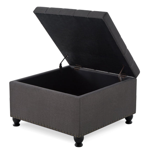 English Elm Large Tufted Faux Leather Storage Ottoman with Brass Nail Trim and Spindle Legs Dark Gray W2186142957