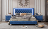 English Elm 3-Pieces Bedroom Sets,Queen Size Upholstered Platform Bed With Led Lights and Two Nightstands-Blue