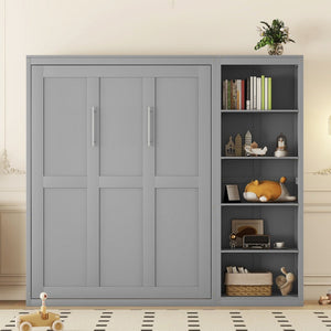English Elm Queen Murphy Wall Bed with Side Shelving Folds Flush Into Mdf Cabinet for Studio Rooms LP000697AAE-1