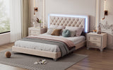 English Elm 3-Pieces Bedroom Sets,Queen Size Upholstered Platform Bed With Led Lights and Two Nightstands-Beige