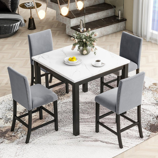 English Elm 5-piece Counter Height Dining Set Faux Marble Table Velvet Chairs Silver Nail Trim Grey W504S00266