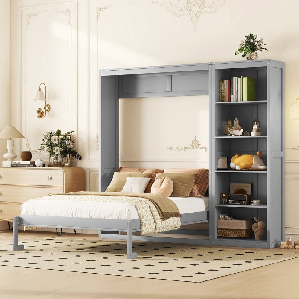 English Elm Queen Murphy Wall Bed with Side Shelving Folds Flush Into Mdf Cabinet for Studio Rooms LP000697AAE-1
