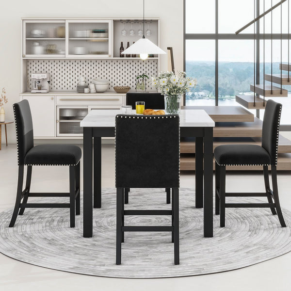 English Elm 5-piece Counter Height Dining Set with Faux Marble Square Table and Velvet Upholstered Chairs, Modern Black W504S00140