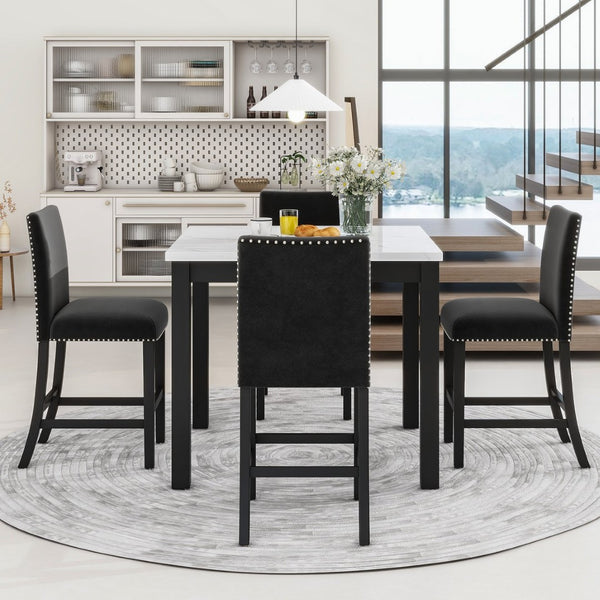 English Elm 5-piece Counter Height Dining Set Faux Marble Table Velvet Chairs Silver Nail Trim Black W504S00267