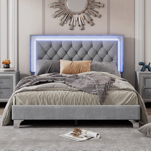 English Elm Full Size Upholstered Bed Frame With Led Lights,Modern Velvet Platform Bed With Tufted Headboard,Gray