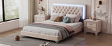 English Elm 3-Pieces Bedroom Sets,Queen Size Upholstered Platform Bed With Led Lights and Two Nightstands-Beige