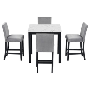 English Elm 5-piece Counter Height Dining Set with Faux Marble Square Table and Velvet Upholstered Chairs, Modern Grey W504S00139