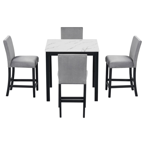English Elm 5-piece Counter Height Dining Set with Faux Marble Square Table and Velvet Upholstered Chairs, Modern Grey W504S00139