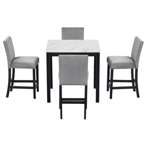 English Elm 5-piece Counter Height Dining Set Faux Marble Table Velvet Chairs Silver Nail Trim Grey W504S00266