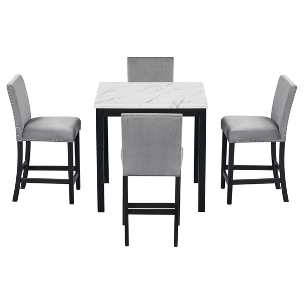 English Elm 5-piece Counter Height Dining Set Faux Marble Table Velvet Chairs Silver Nail Trim Grey W504S00266