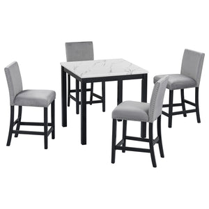 English Elm 5-piece Counter Height Dining Set with Faux Marble Square Table and Velvet Upholstered Chairs, Modern Grey W504S00139