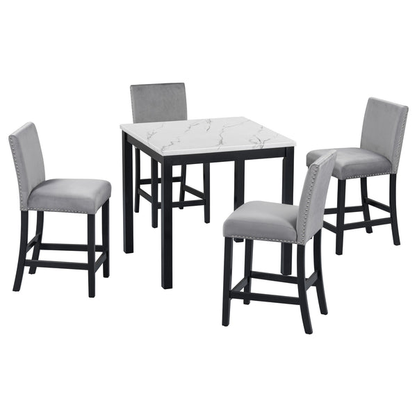 English Elm 5-piece Counter Height Dining Set with Faux Marble Square Table and Velvet Upholstered Chairs, Modern Grey W504S00139