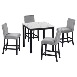 English Elm 5-piece Counter Height Dining Set Faux Marble Table Velvet Chairs Silver Nail Trim Grey W504S00266
