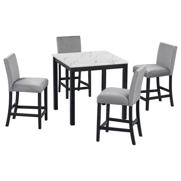 English Elm 5-piece Counter Height Dining Set Faux Marble Table Velvet Chairs Silver Nail Trim Grey W504S00266