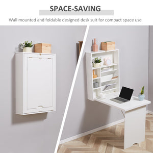 English Elm Wall Mounted Fold Out Convertible Desk with Storage Shelf, Space-Saving Foldable Floating Workstation White W2225P155082