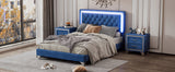 English Elm Full Size Upholstered Bed Frame With Led Lights,Modern Velvet Platform Bed With Tufted Headboard,Blue