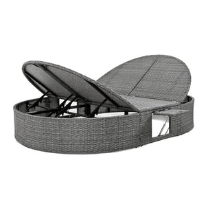 English Elm TOPMAX Outdoor Sun Bed Double Daybed with PE Rattan, 3-Position Recline, Thick Cushions & Trays Beige SP100015AAA