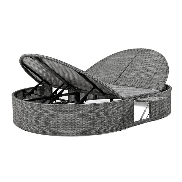 English Elm TOPMAX Outdoor Sun Bed Double Daybed with PE Rattan, 3-Position Recline, Thick Cushions & Trays Beige SP100015AAA