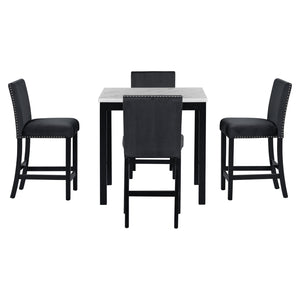 English Elm 5-piece Counter Height Dining Set with Faux Marble Square Table and Velvet Upholstered Chairs, Modern Black W504S00140