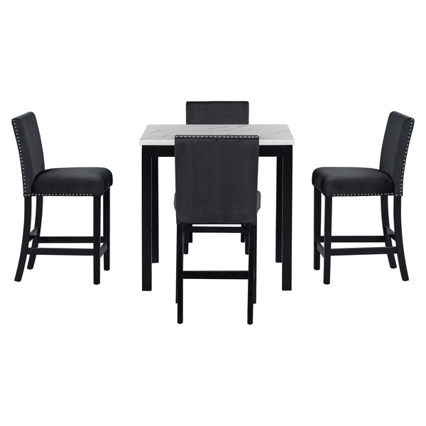 English Elm 5-piece Counter Height Dining Set with Faux Marble Square Table and Velvet Upholstered Chairs, Modern Black W504S00140