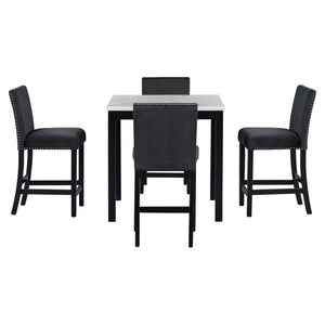 English Elm 5-piece Counter Height Dining Set Faux Marble Table Velvet Chairs Silver Nail Trim Black W504S00267