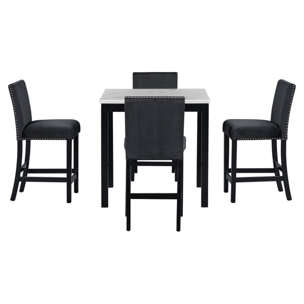English Elm 5-piece Counter Height Dining Set Faux Marble Table Velvet Chairs Silver Nail Trim Black W504S00267