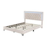 English Elm Queen Size Upholstered Bed Frame With Led Lights,Modern Velvet Platform Bed With Tufted Headboard,Beige