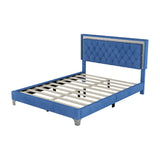 English Elm Queen Size Upholstered Bed Frame With Led Lights,Modern Velvet Platform Bed With Tufted Headboard,Blue