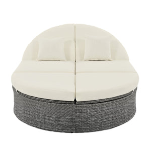 English Elm TOPMAX Outdoor Sun Bed Double Daybed with PE Rattan, 3-Position Recline, Thick Cushions & Trays Beige SP100015AAA