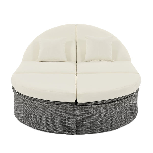 English Elm TOPMAX Outdoor Sun Bed Double Daybed with PE Rattan, 3-Position Recline, Thick Cushions & Trays Beige SP100015AAA