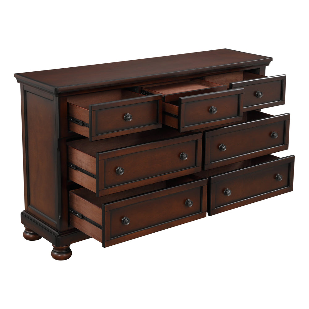 English Elm Classic Cumberland 7-Drawer Dresser in Brown Cherry Birch Veneer with Hidden Drawer & Bun Feet, 65" B011P155250