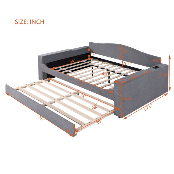 English Elm Full Upholstered Daybed with Trundle, Teddy Fleece Comfort, Bluetooth Speakers & Storage Arms for Cozy Sleepovers Gray SF000108AAE