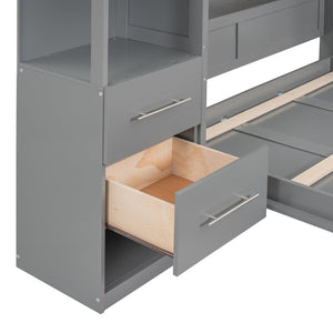 English Elm Full Size Murphy Wall Bed with Led Lighting Open Shelves Drawers Mdf Cabinet LP000565AAE-1
