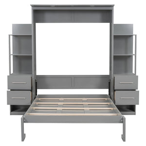 English Elm Full Size Murphy Wall Bed with Led Lighting Open Shelves Drawers Mdf Cabinet LP000565AAE-1