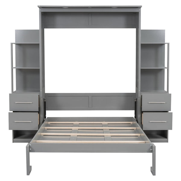 English Elm Full Size Murphy Wall Bed with Led Lighting Open Shelves Drawers Mdf Cabinet LP000565AAE-1