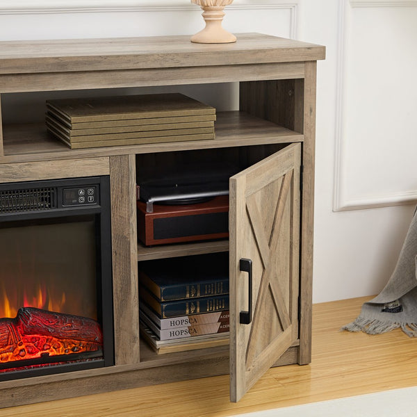 English Elm Farmhouse Gray Wash TV Stand with 18" Fireplace Insert, 65" TV Capacity, Barn Doors & Storage (58") W2275S00002