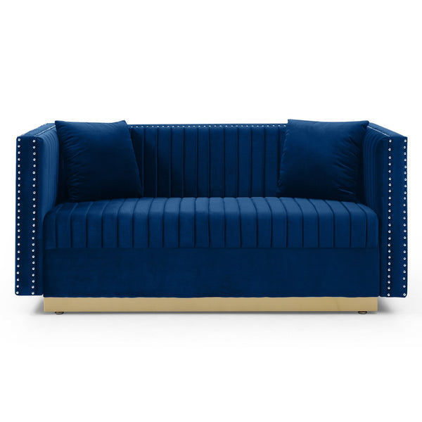 English Elm Contemporary Velvet Channel Tufted Loveseat Sofa - Modern Upholstered 2-Seater with Pillows, Sleek Apartment Style Blue W1117P147506
