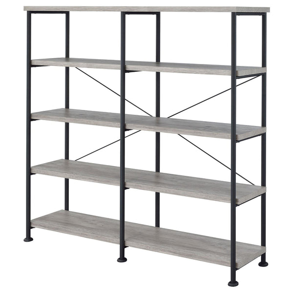English Elm Grey Industrial Driftwood & Black Double-Wide Bookcase – 4-Tier Rustic Shelves, Metal Pipe Frame, 44 lb Capacity Each B062P153782