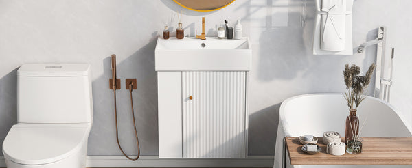 English Elm 21.6inch Modern Floating Bathroom Vanity with Ceramic Basin, Left-Side Storage, Soft-Close Door, Rose Gold Handle WF318758AAK