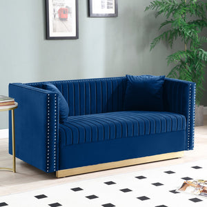 English Elm Contemporary Velvet Channel Tufted Loveseat Sofa - Modern Upholstered 2-Seater with Pillows, Sleek Apartment Style Blue W1117P147506