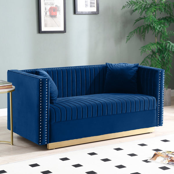 English Elm Contemporary Velvet Channel Tufted Loveseat Sofa - Modern Upholstered 2-Seater with Pillows, Sleek Apartment Style Blue W1117P147506