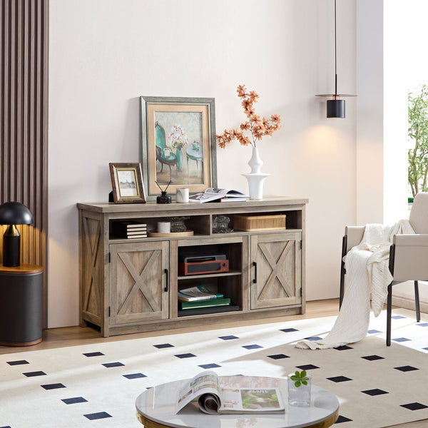 English Elm Farmhouse Barn Door TV Media Stand Gray Wash Wood Grain Console for TVs up to 65" with Open & Closed Storage and Cable Management — 61.8"L x 18.9"W x 30.3"H W2275P149121