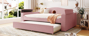 English Elm Full Upholstered Daybed with Trundle, Teddy Fleece Comfort, Bluetooth Speakers & Storage Arms for Cozy Sleepovers Pink SF000108AAH