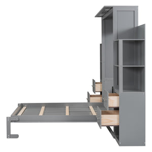 English Elm Full Size Murphy Wall Bed with Led Lighting Open Shelves Drawers Mdf Cabinet LP000565AAE-1