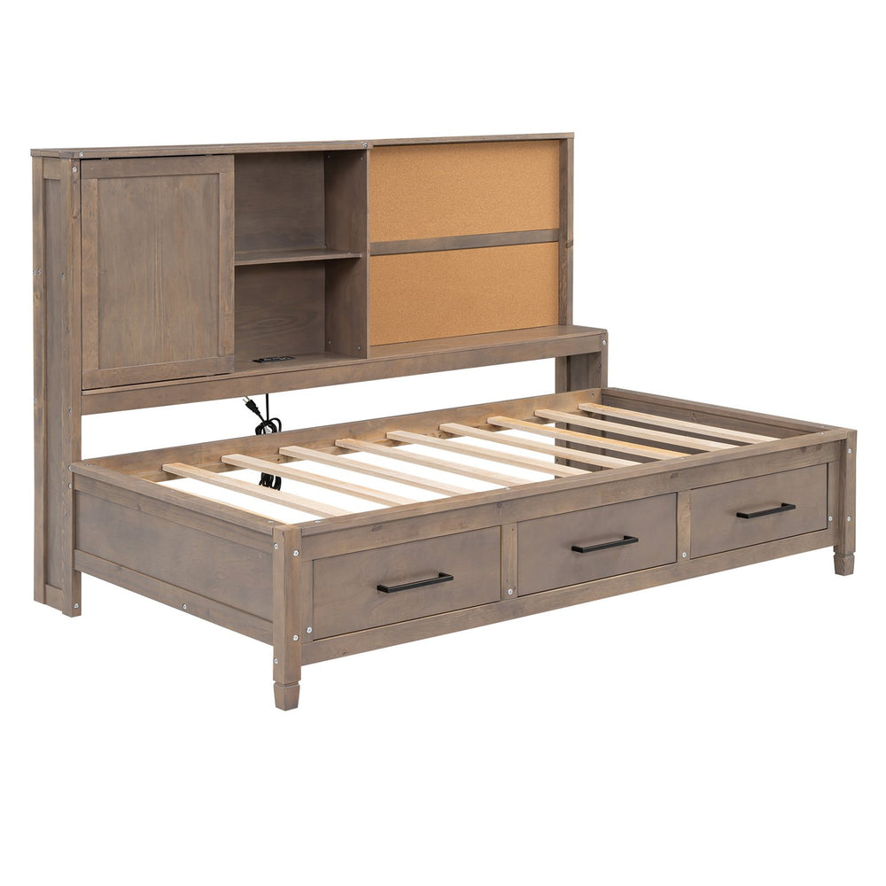 English Elm Twin Twin Size Lounge Daybed with 3 Drawers, Built-In Shelves, Cork Board & USB Ports for Storage and Comfort Wood GX000363AAD-1