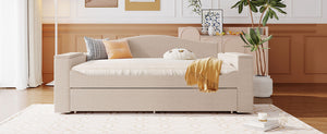 English Elm Full Upholstered Daybed with Trundle, Teddy Fleece Comfort, Bluetooth Speakers & Storage Arms for Cozy Sleepovers Beige SF000108AAA