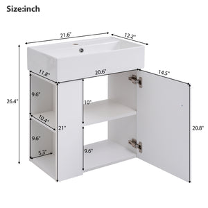 English Elm 21.6inch Modern Floating Bathroom Vanity with Ceramic Basin, Left-Side Storage, Soft-Close Door, Rose Gold Handle WF318758AAK