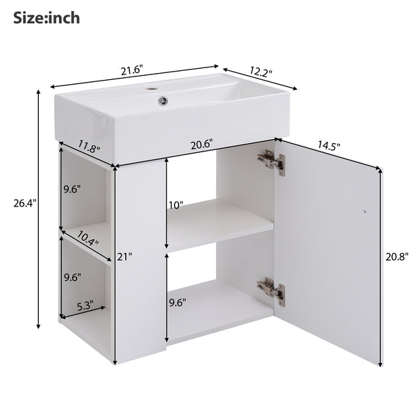 English Elm 21.6inch Modern Floating Bathroom Vanity with Ceramic Basin, Left-Side Storage, Soft-Close Door, Rose Gold Handle WF318758AAK